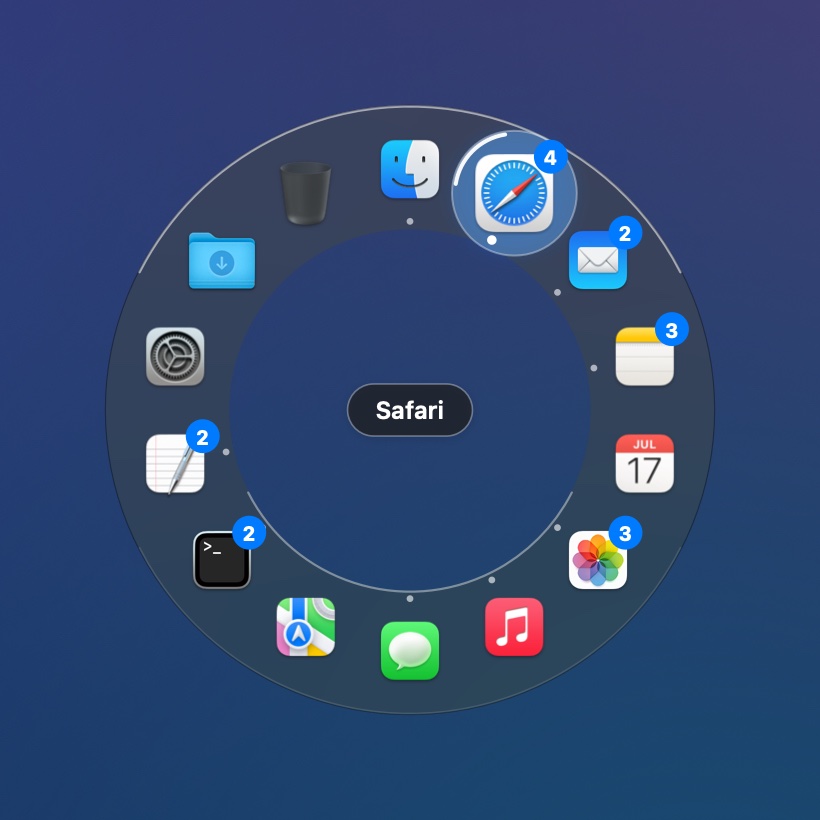 Beckon's ring around the pointer: app icons in a circle, Safari picked, badges counting each app's windows
