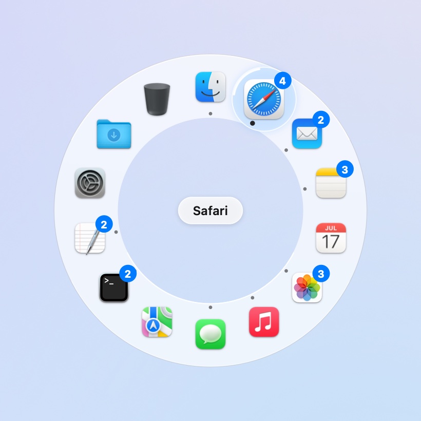 Beckon's ring around the pointer: app icons in a circle, Safari picked, badges counting each app's windows
