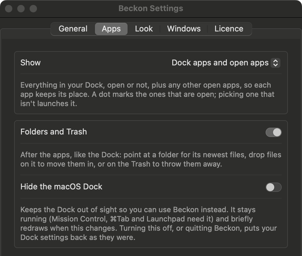 Beckon's Settings, Apps tab, with the switch Hide the macOS Dock