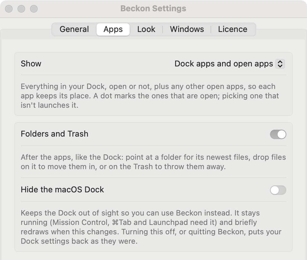 Beckon's Settings, Apps tab, with the switch Hide the macOS Dock