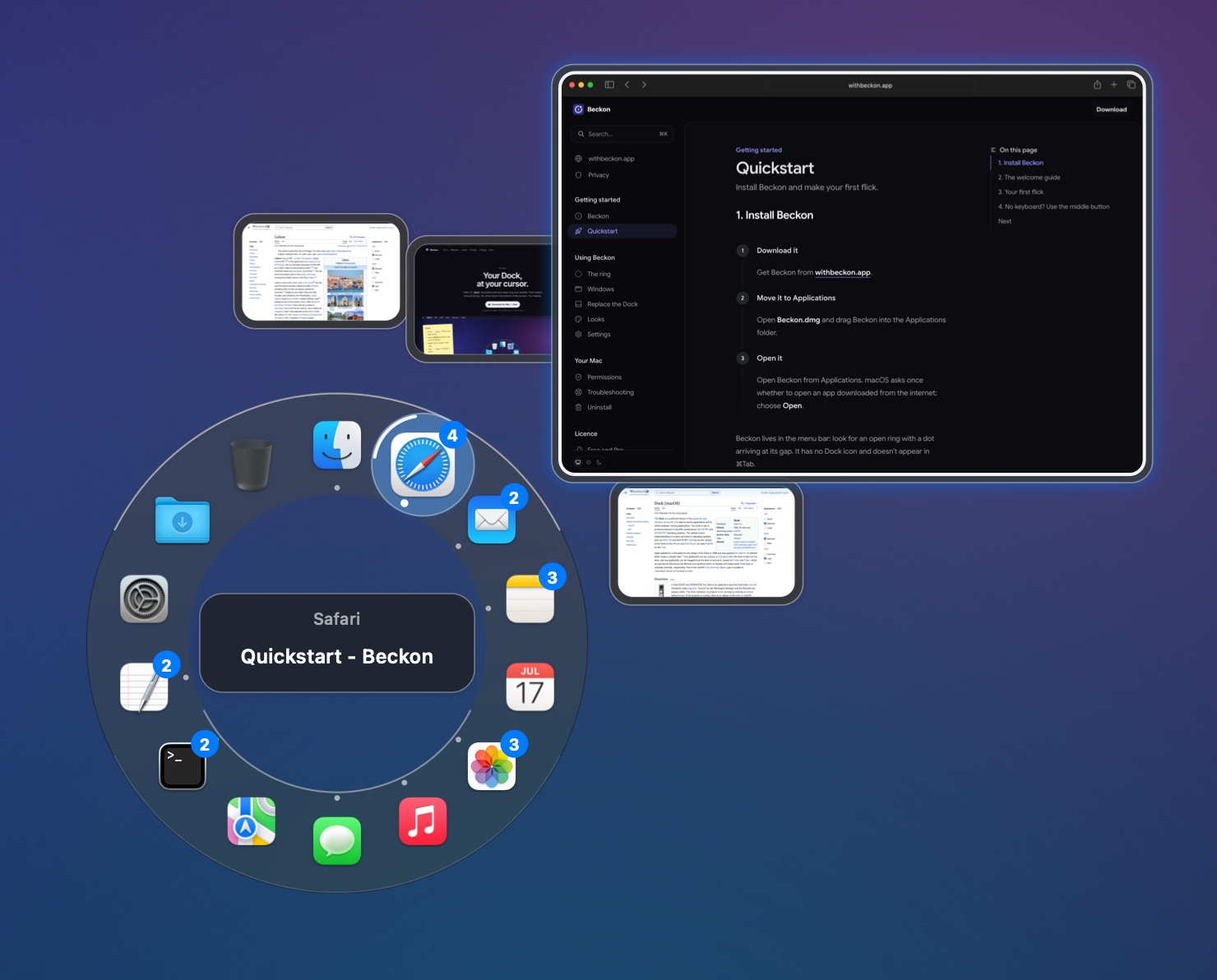 Safari's four windows fanned out beyond the ring as thumbnails, the one pointed at grown to a large preview