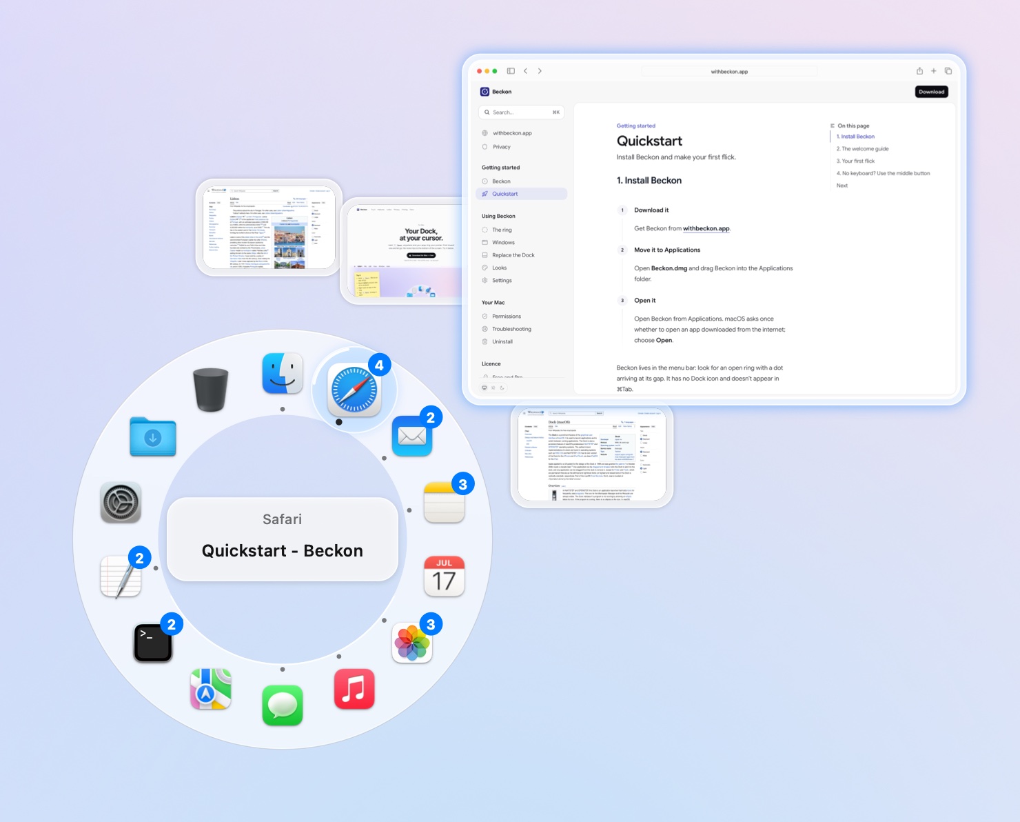 Safari's four windows fanned out beyond the ring as thumbnails, the one pointed at grown to a large preview