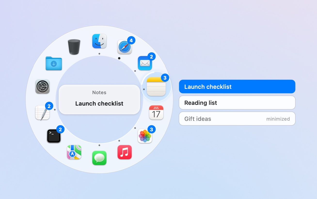 Notes' three windows as a column of titles beside the ring, one marked minimized